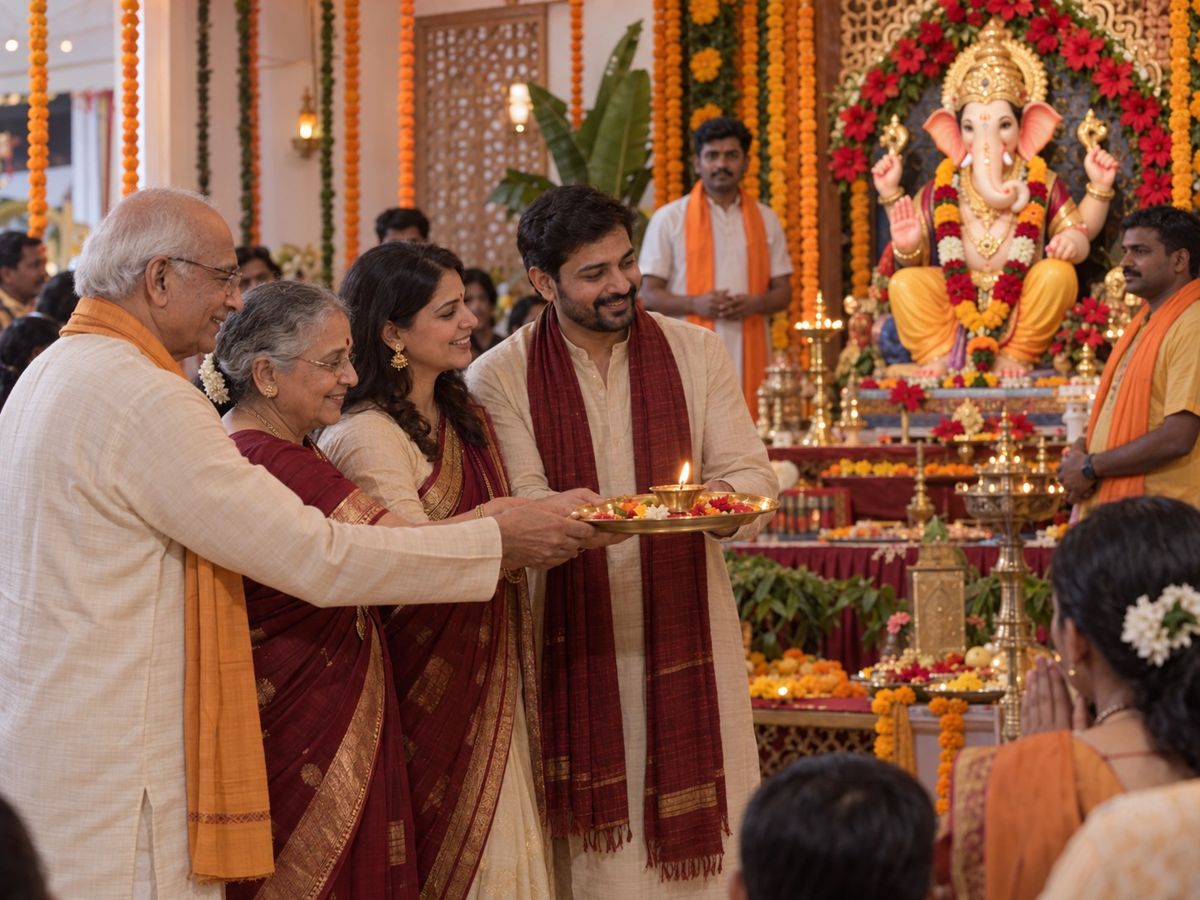 A family doing aarti together in front of a decorated Ganpati pandal