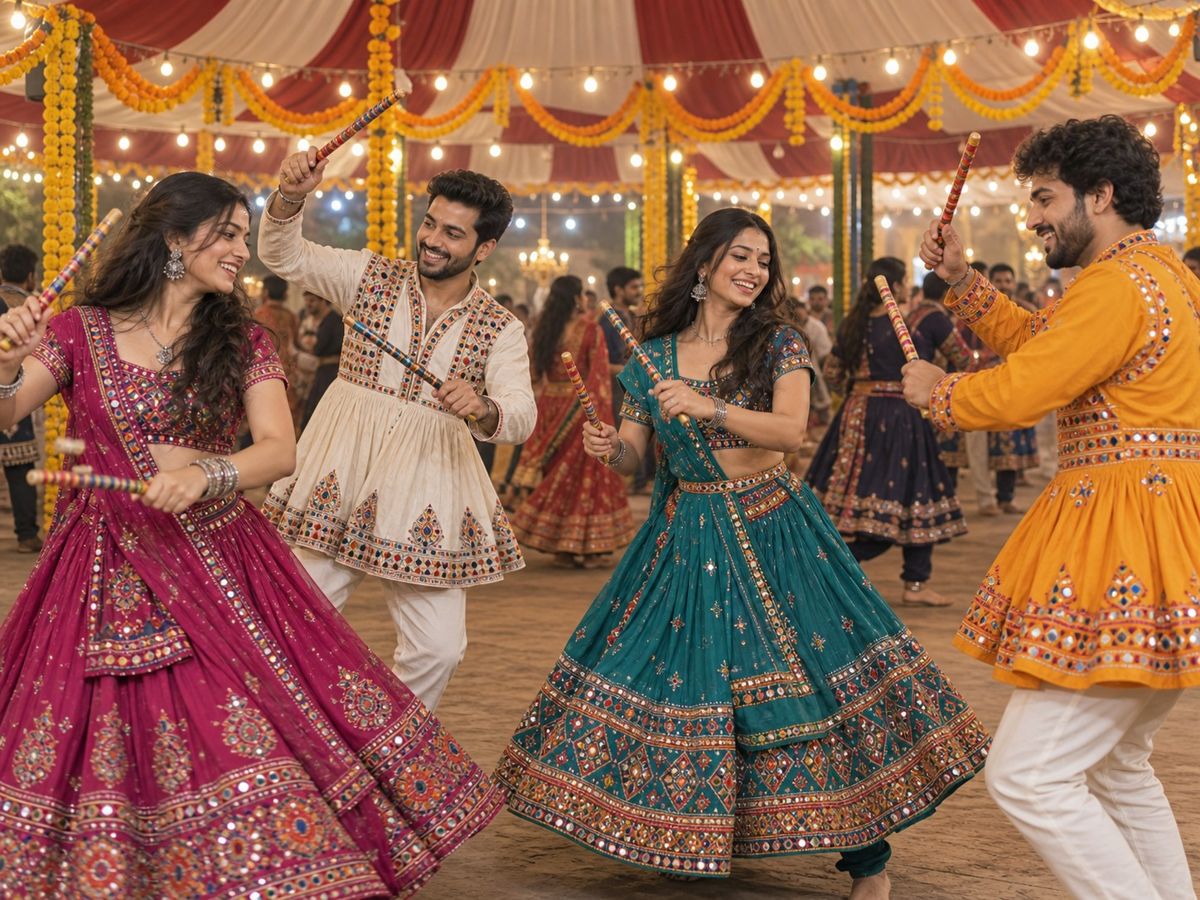 Friends in bright chaniya cholis and kediyu playing dandiya under festive lights