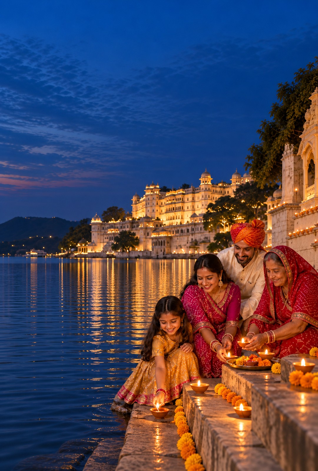 A family lighting diyas on the ghat steps of a lake at dusk, a lit palace behind them