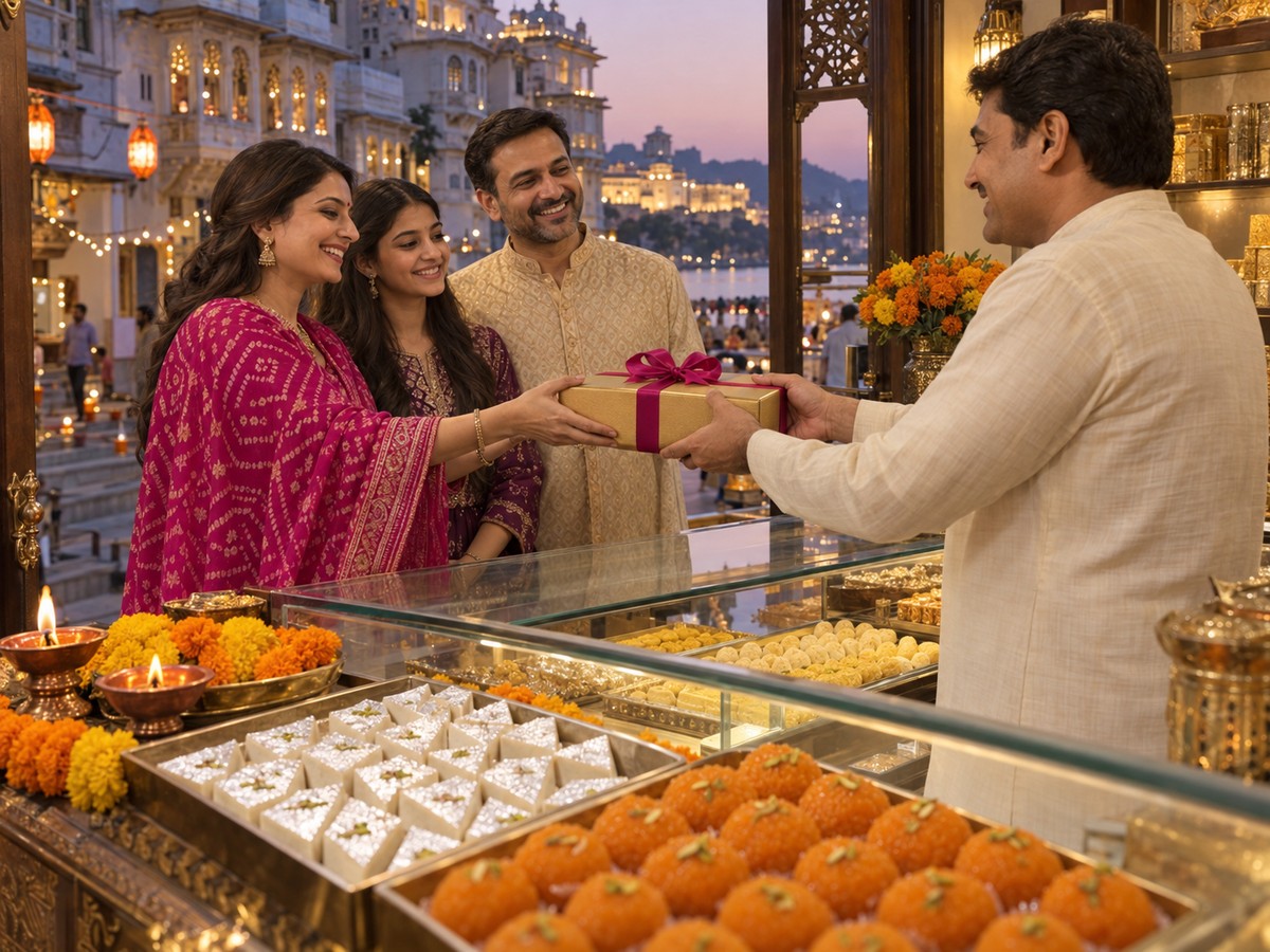 A shopkeeper handing a gift box to a smiling family across a counter of mithai